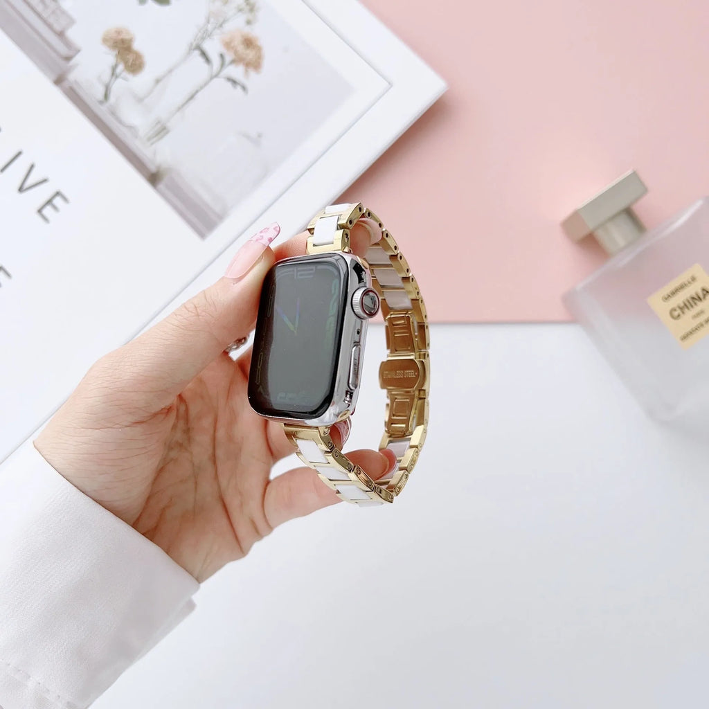 Stainless steel ceramic watch band for Apple Watch with three beads design, gold and black ceramic colour option