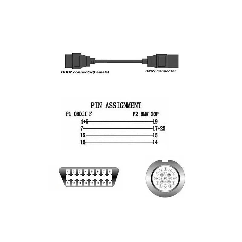 OBD2 adapter cable with a BMW 20-pin connector on one end and a standard 16-pin OBD2 connector on the other.