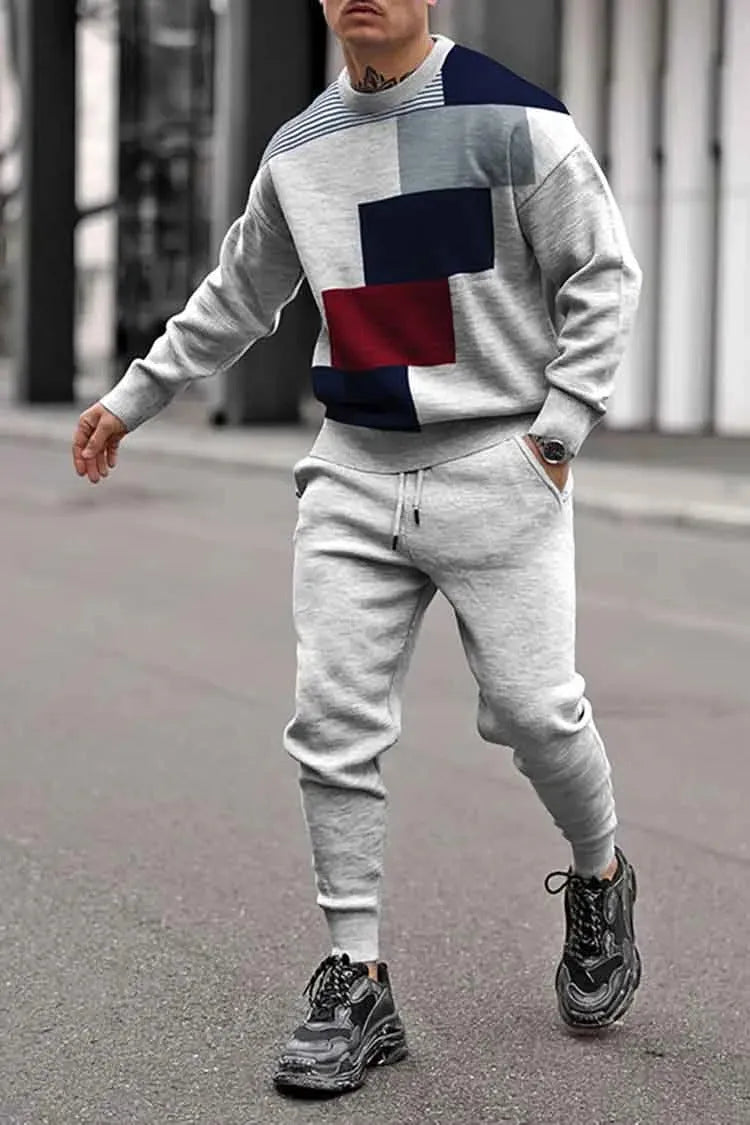 Men's casual printed polyester suit set with jacket and trousers in a neutral colour