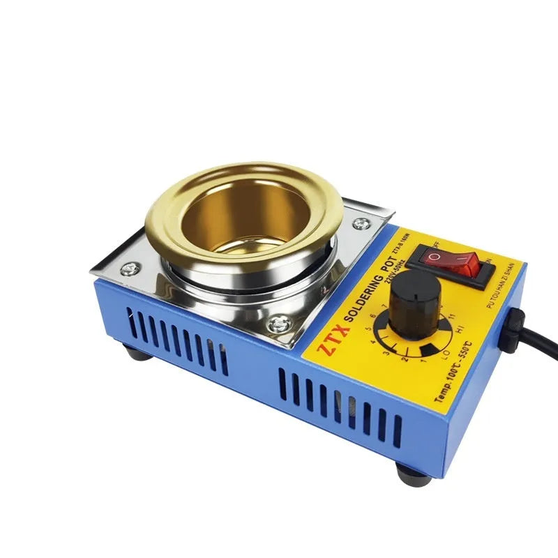 Desktop adjustable temperature tin melting furnace with thermostat dial and titanium-plated crucible.