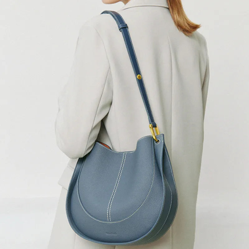 Small round genuine top grain leather crossbody bag for women with splicing design and open outer pocket