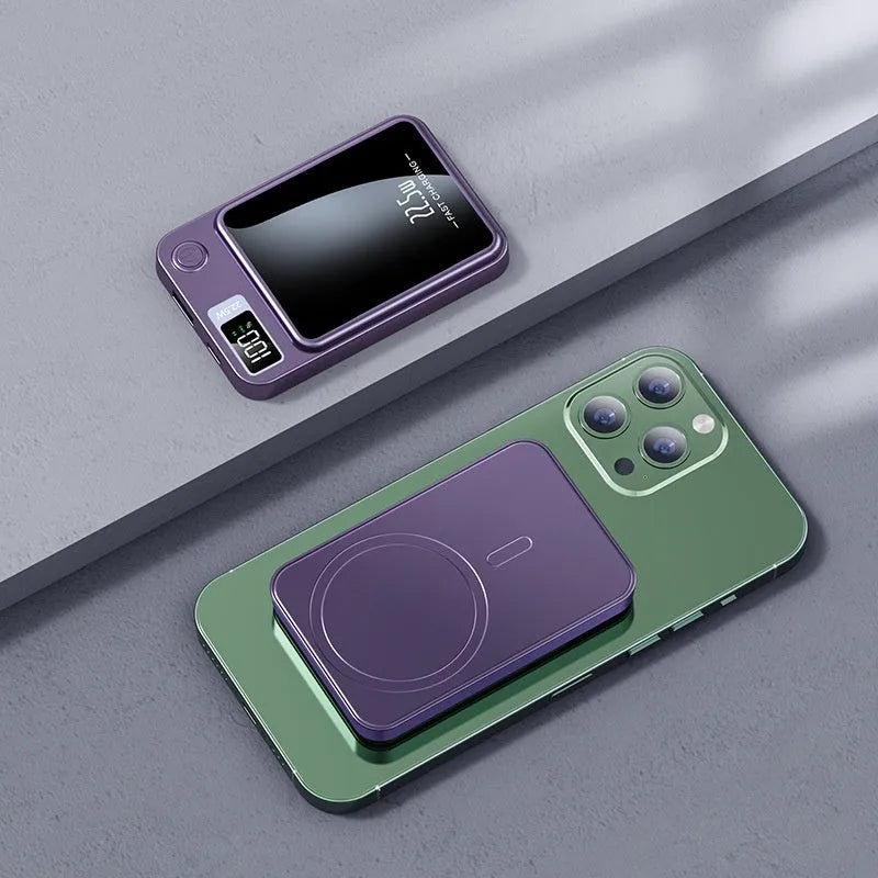 Wireless power bank with MagSafe in black, white, purple or green colours showing industrial design