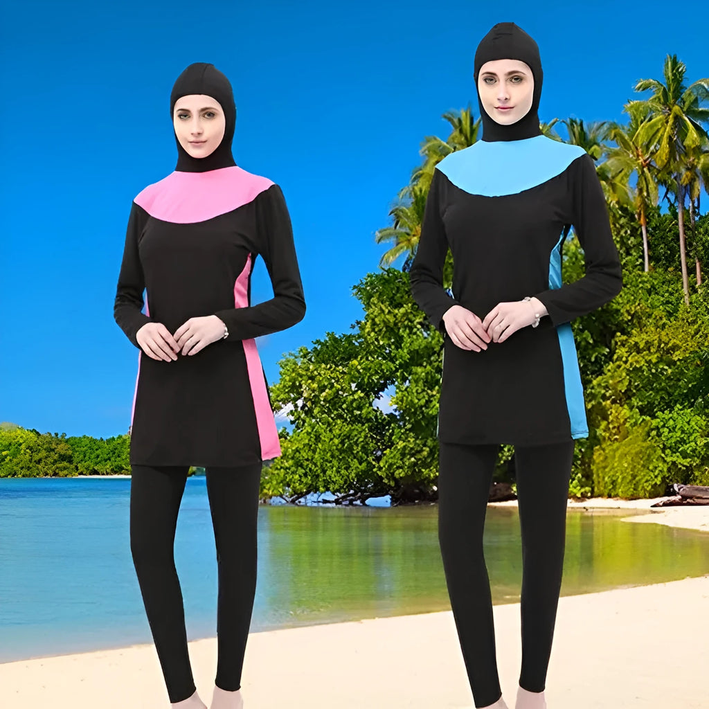 Conservative black and rose red women's swimsuit set with long sleeves, hood, and trousers.