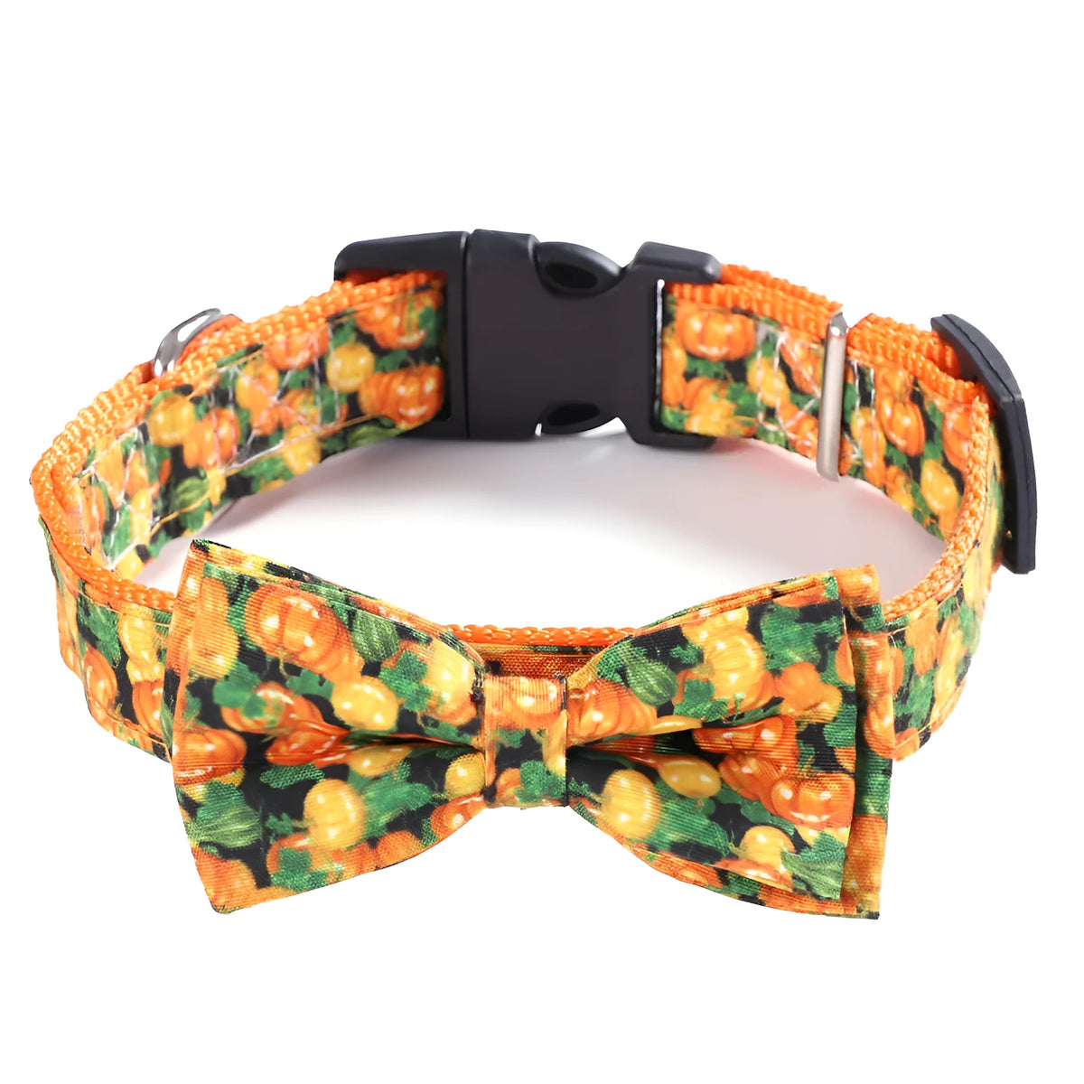 Geometric polyester cat collar in black ghost, yellow pumpkin, or black skull, sizes XS S M L