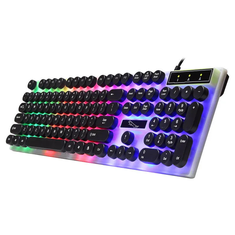 White waterproof gaming keyboard with glass panel, round keycaps and RGB backlight