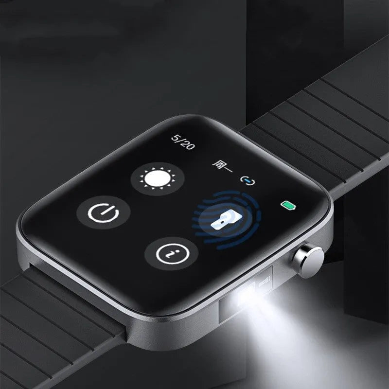 Black intelligent bracelet with touchscreen displaying blood pressure and body temperature readings