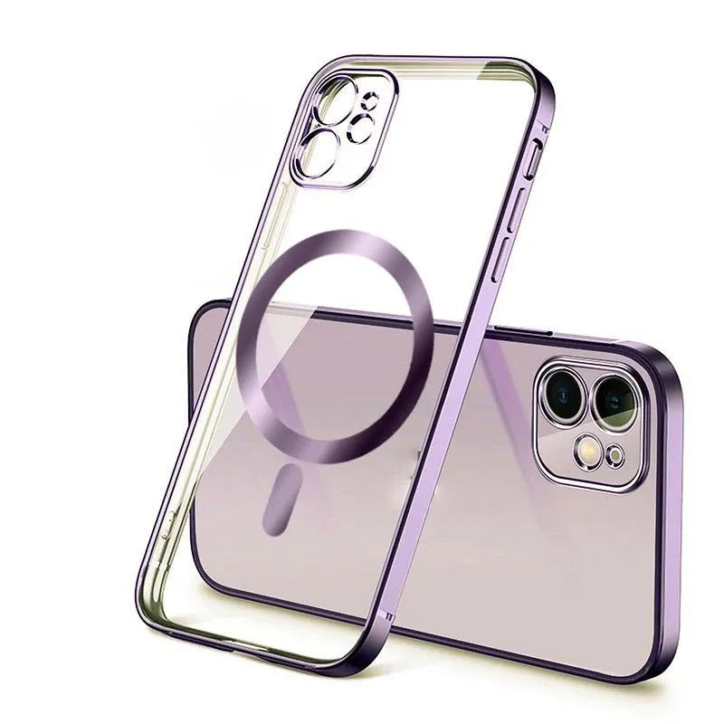 Electroplated magnetic suction mobile phone case for iPhone in silver, blue, black, gold and purple colours.