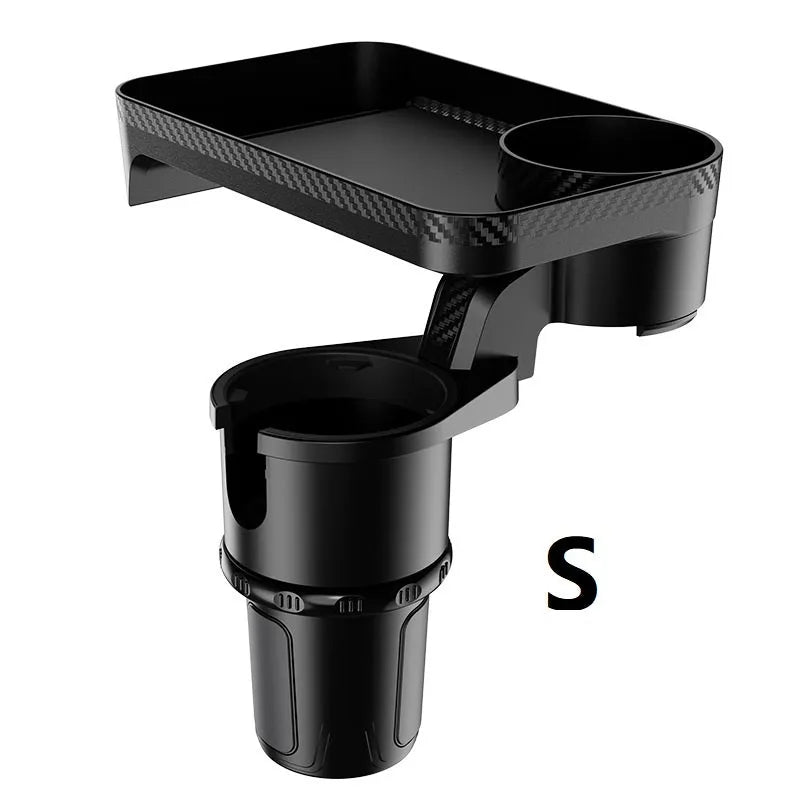 360 degree rotating car centre console tray rack in carbon fibre and matt black plastic with retractable bottom, L and S sizes