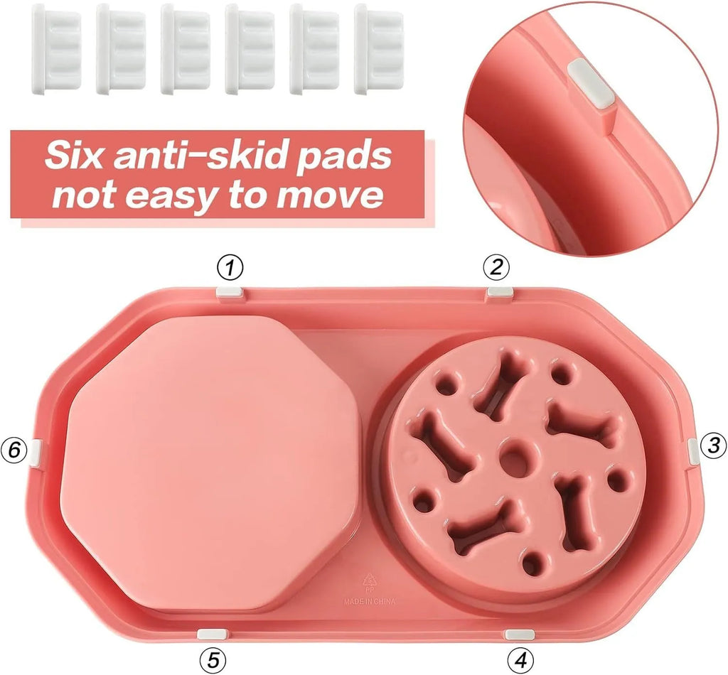 Blue interactive slow feeder dog bowl with maze pattern for dry and wet food, non-slip base.