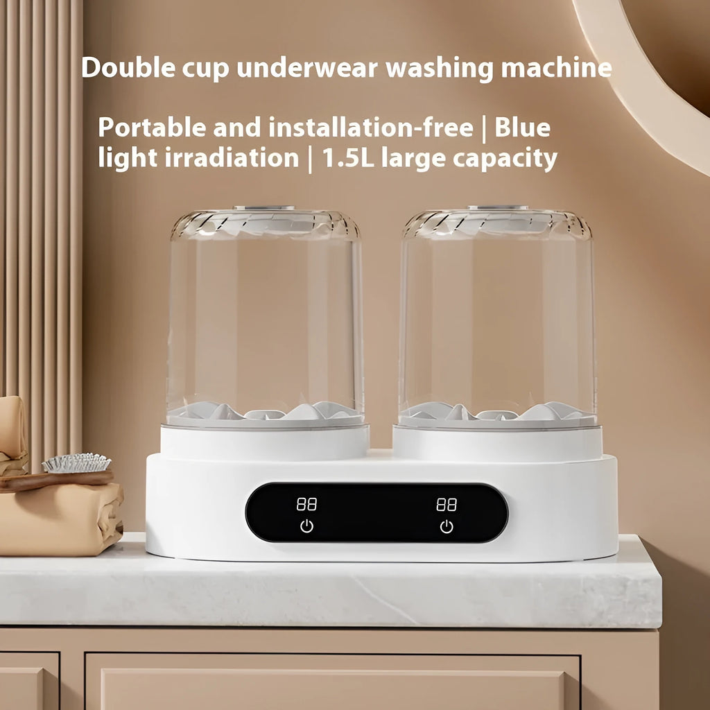 White Double Bucket Laundry Cup mini washing machine with two lids and a USB cable.
