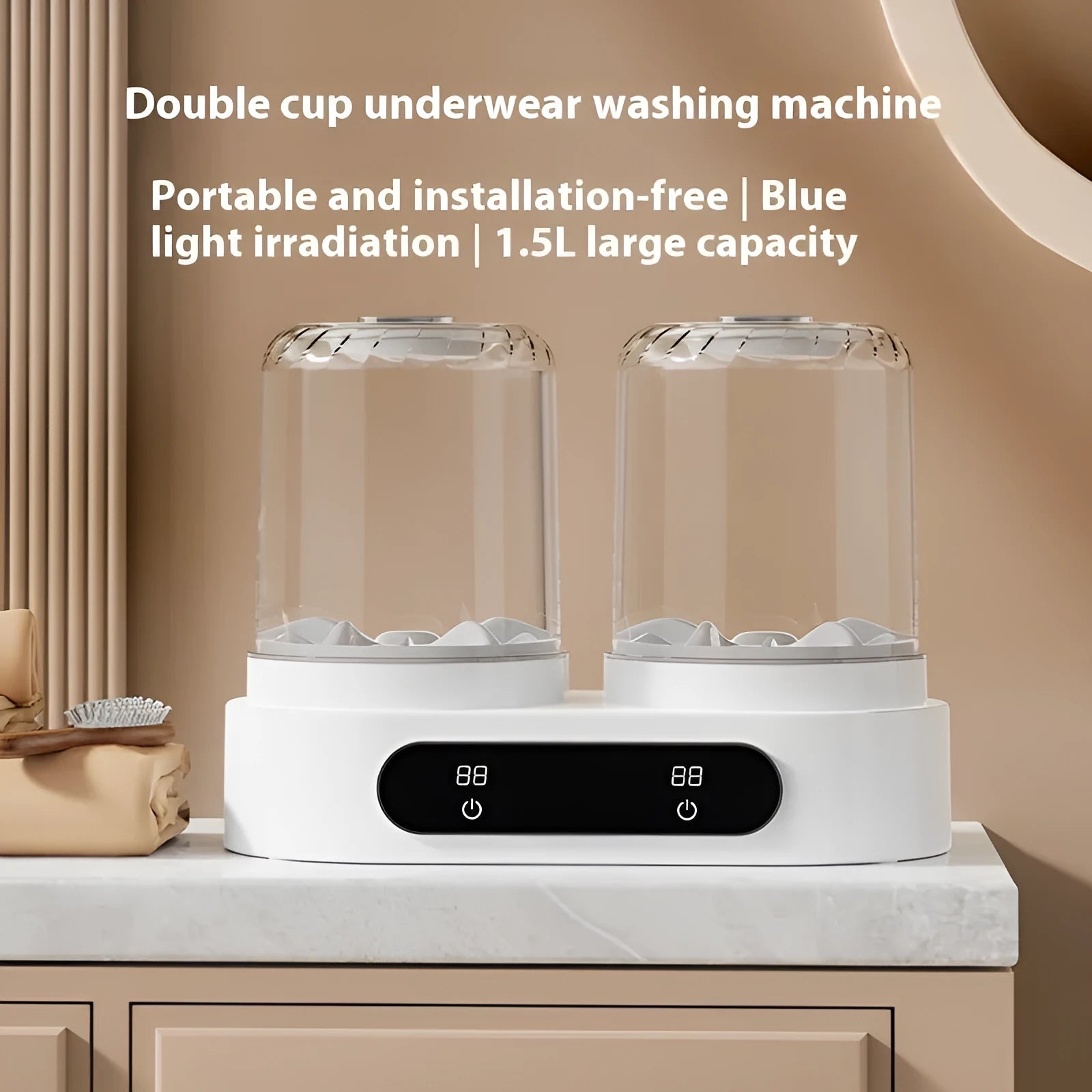 White Double Bucket Laundry Cup mini washing machine with two lids and a USB cable.