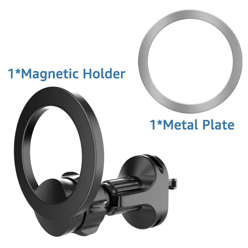 Black magnetic car air vent phone holder with O-ring bracket attached to a car vent.