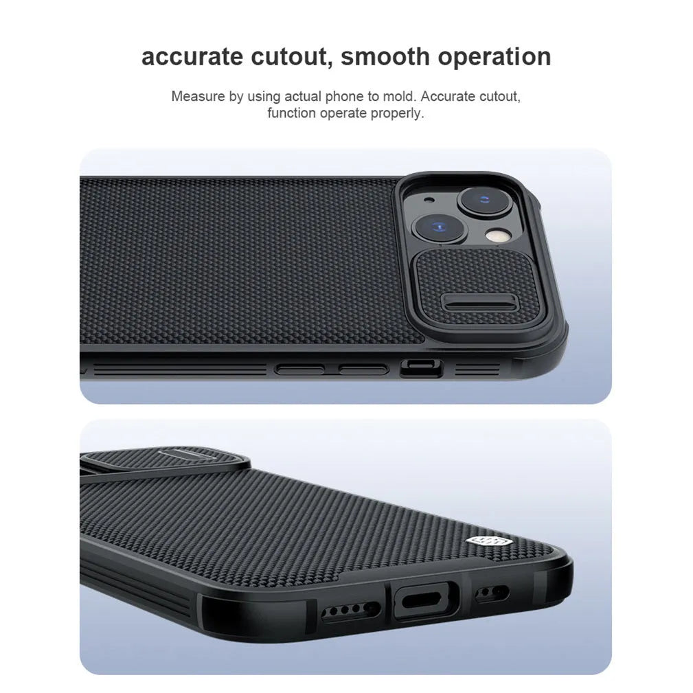 Black textured sliding back cover phone case for iPhone 13 Pro Max with PC and TPU construction