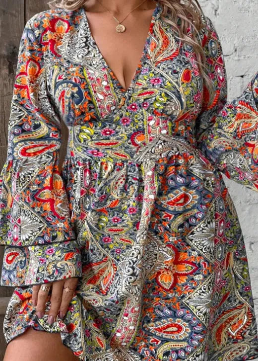 Plus size woman wearing printed bell sleeve dress with A-line skirt in retro bohemian style
