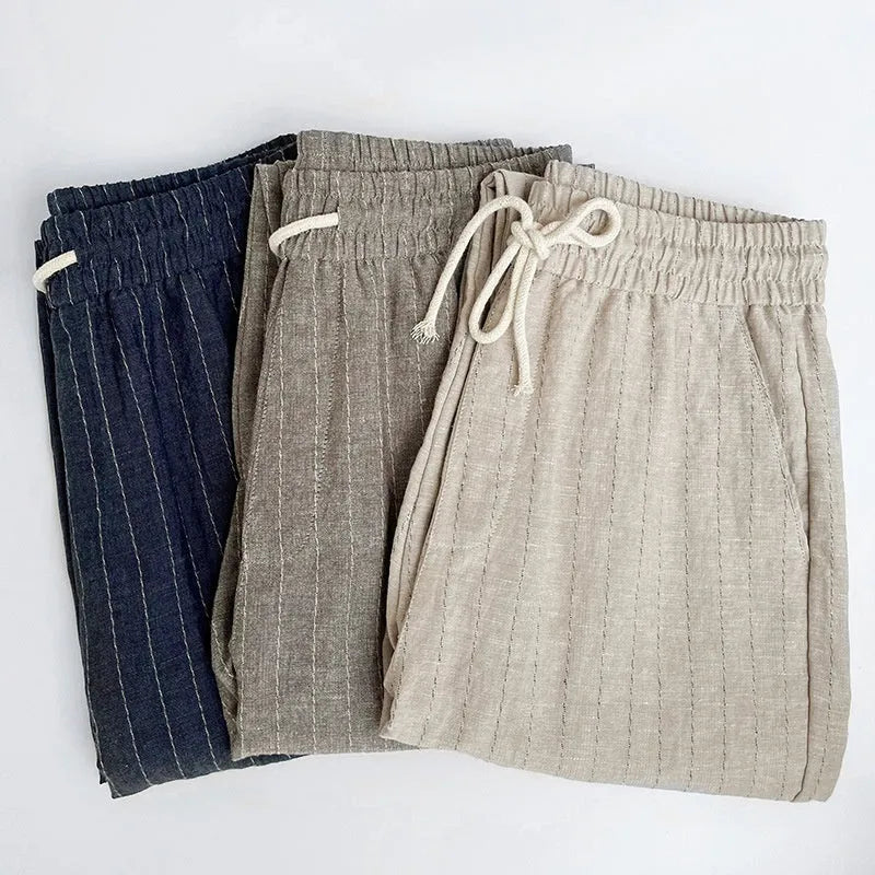 Men's striped linen-cotton casual trousers in a cropped summer length