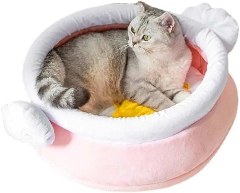 Pink honey pot-shaped soft cat bed with a removable plush pad, for small cats and dogs.