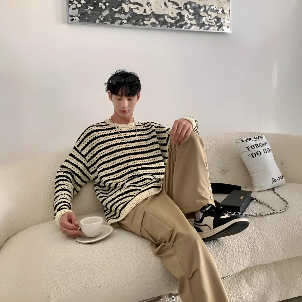 Men's black loose fit long sleeve sweater in cotton blend, sizes S to 3XL, for daily spring and autumn wear