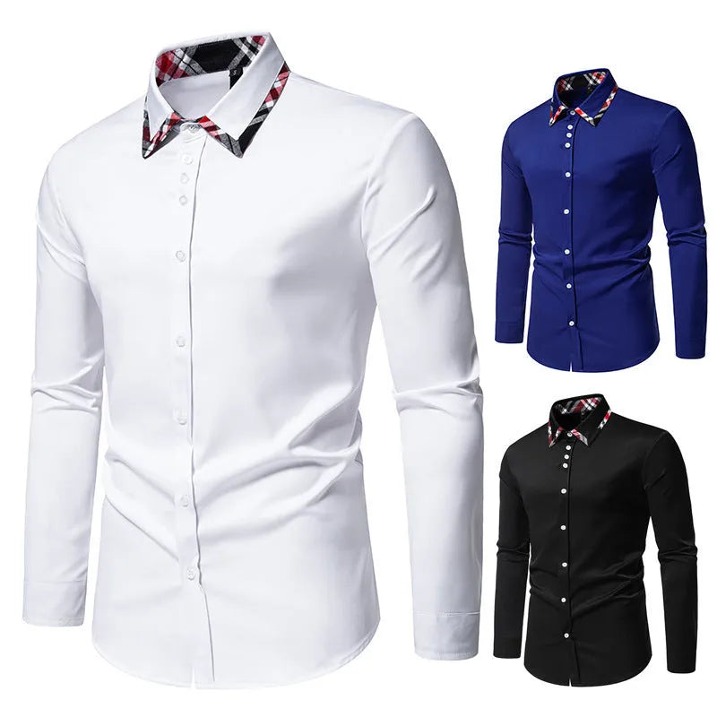 Men's blue plaid long sleeve shirt with a white triangle contrast collar laid flat.