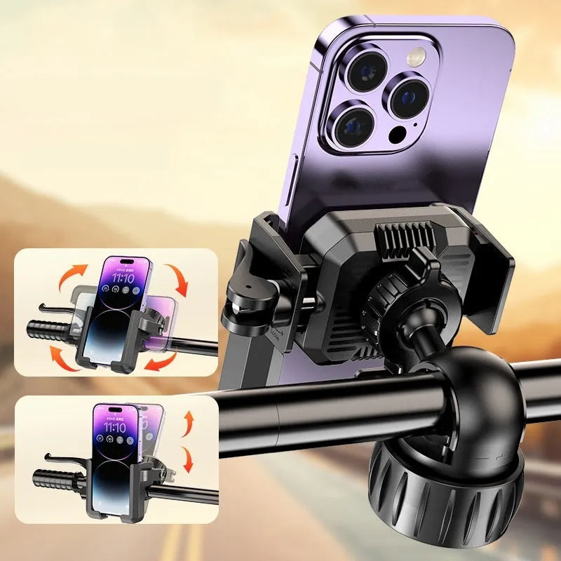 Black aluminium alloy shock absorber motorcycle phone mount for handlebars in a selection of styles.