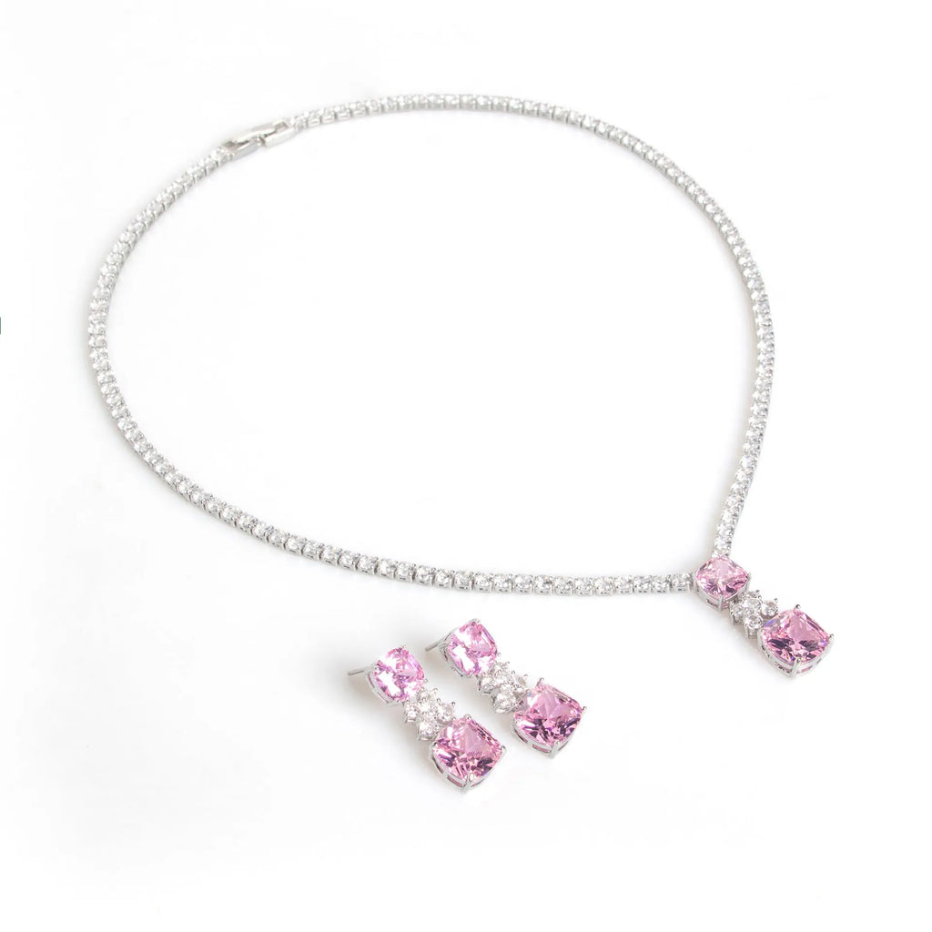 Small square zircon pendant earrings and necklace set in copper with mixed gem inlay on collarbone chain