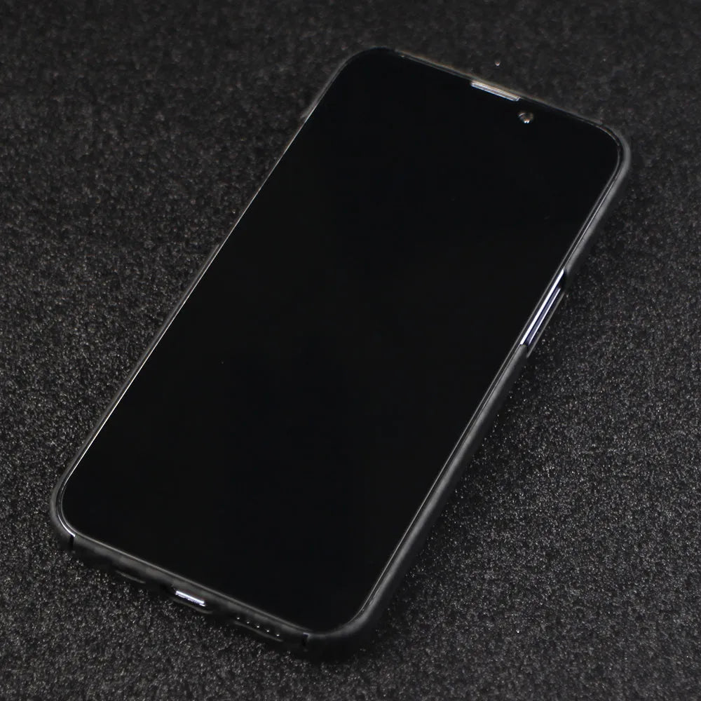 Matte black Kevlar fibre protective iPhone case showing textured surface and precise camera cutouts