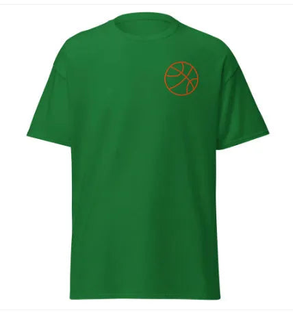 A maroon men's short sleeve t-shirt with a white ball print on the chest.