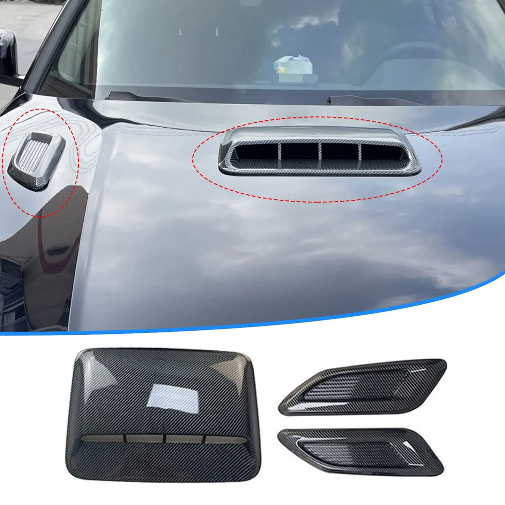 Car airscoop shroud set showing main 40cm cover and two side vent panels in black or carbon fibre finish