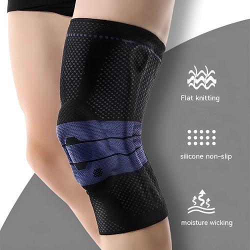 Adult sports knee pad in black and blue colour, made from nylon and spandex material.