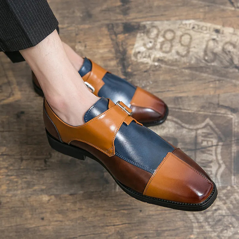 Men's British style casual leather shoes with retro buckle in black and brown blue options