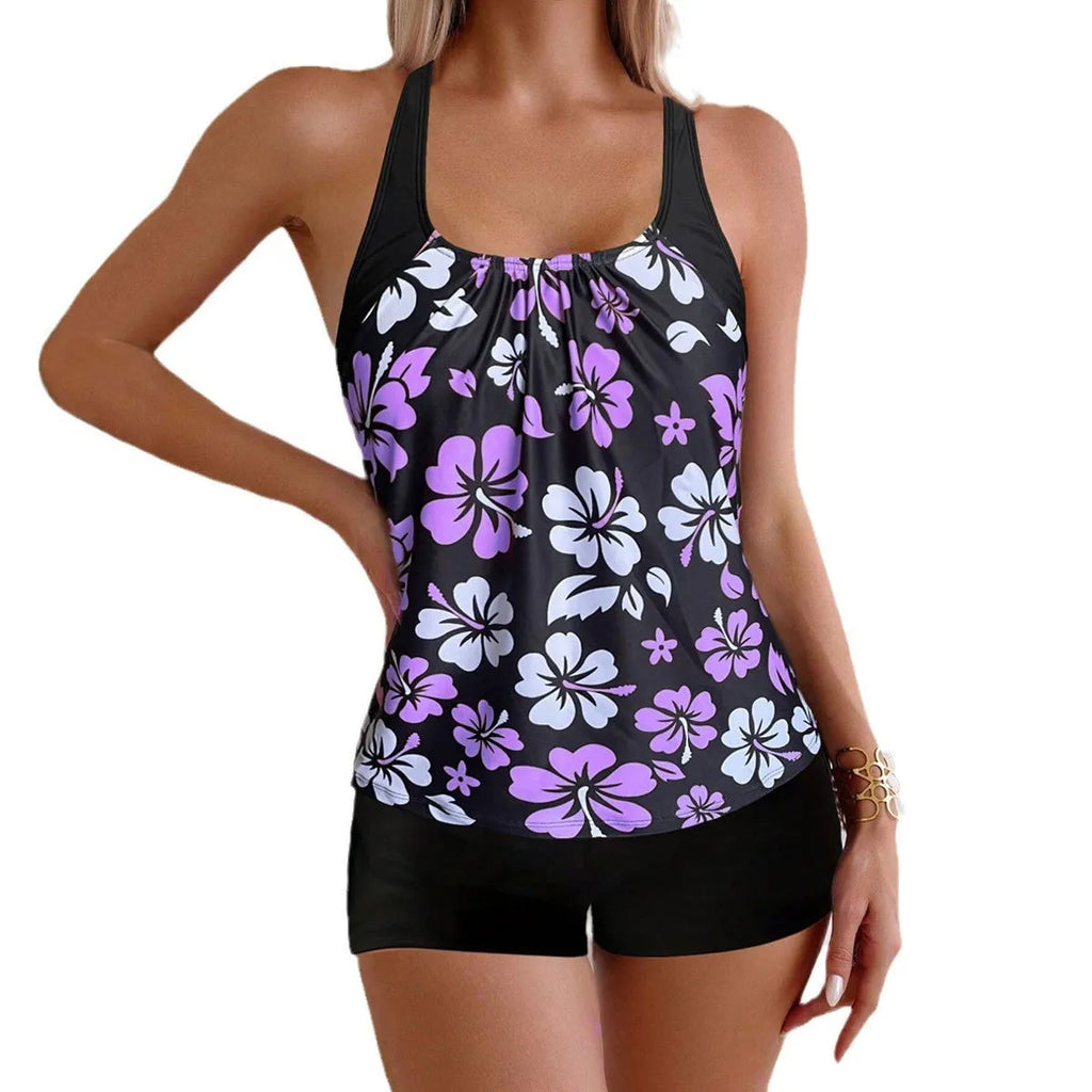 Women's slim-fit printed boxer suit bikini set in floral design with matching top