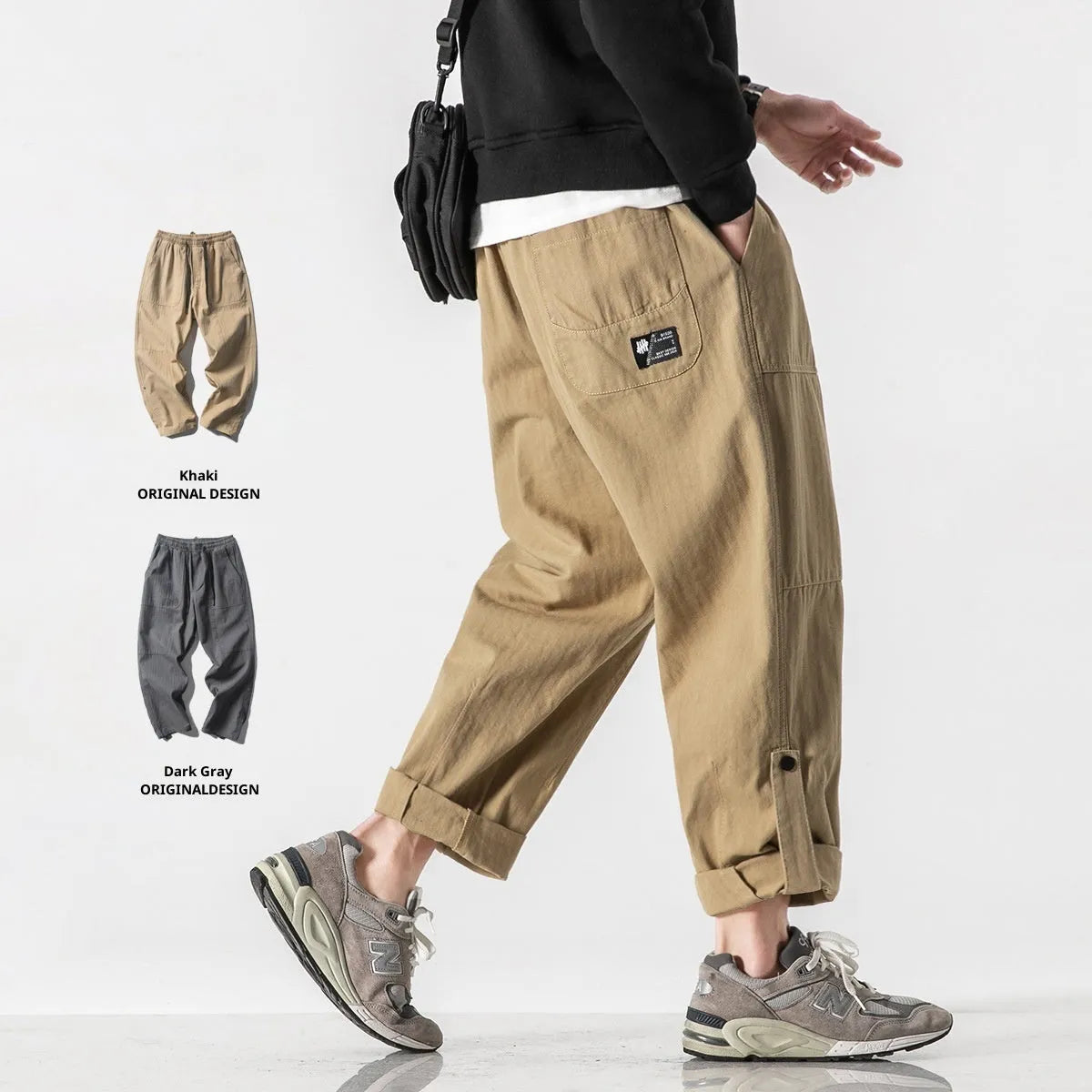 Men's loose straight twill cargo pants in khaki and gray, drawstring waist, patchwork detailing, Japanese workwear style