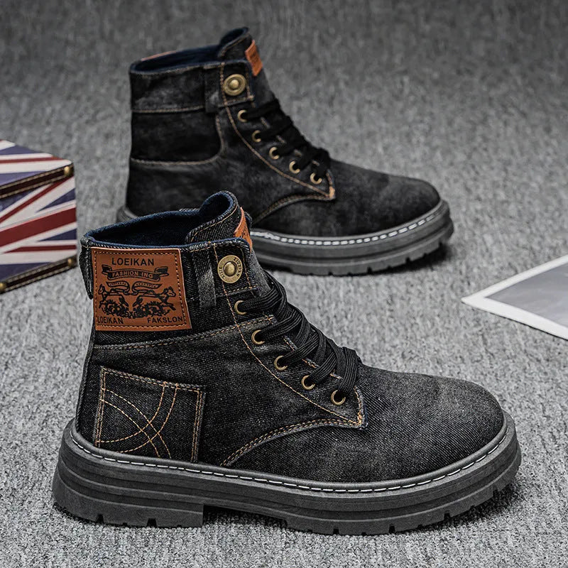Men's mid-top canvas Martin boots in black or blue, sizes 39-48, with 3-5cm mid heel and PVC sole