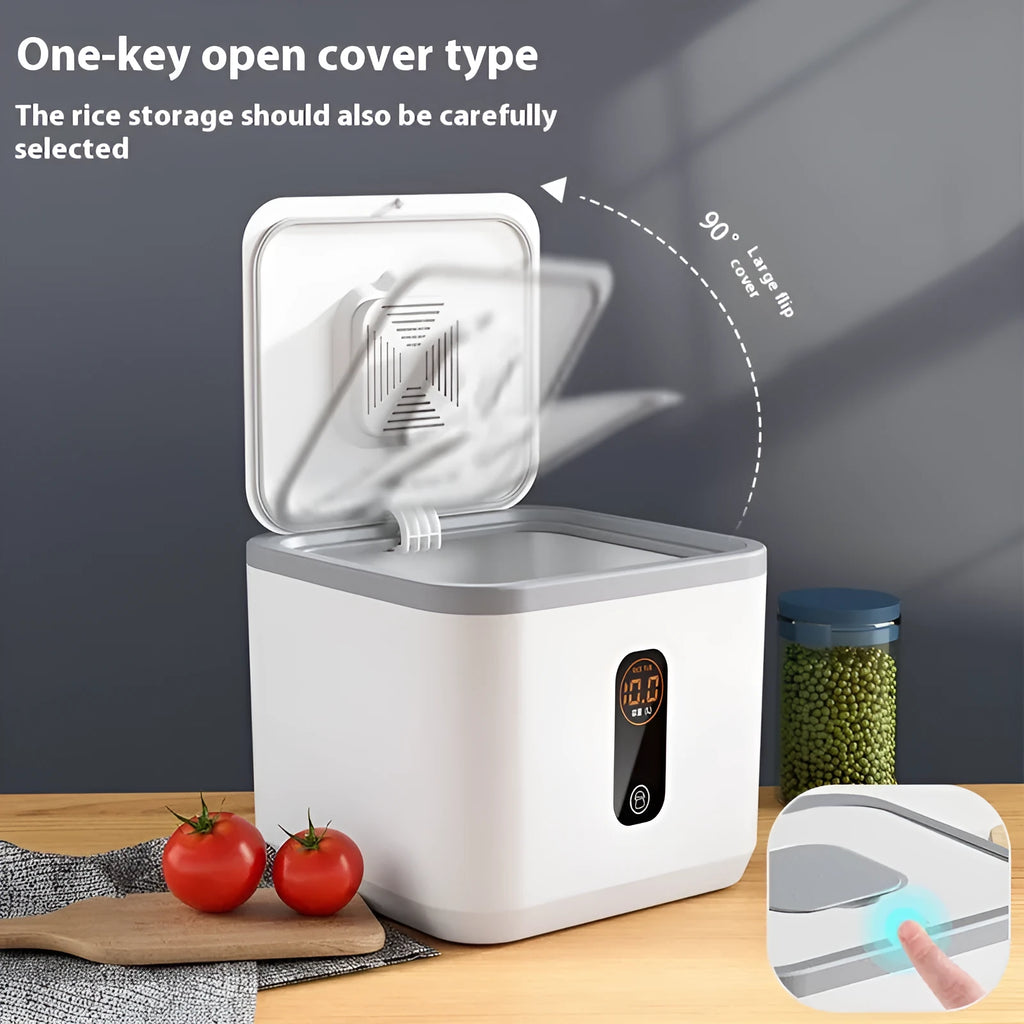 Simple grey plastic sealed rice storage jar with a measuring cup on a kitchen counter.