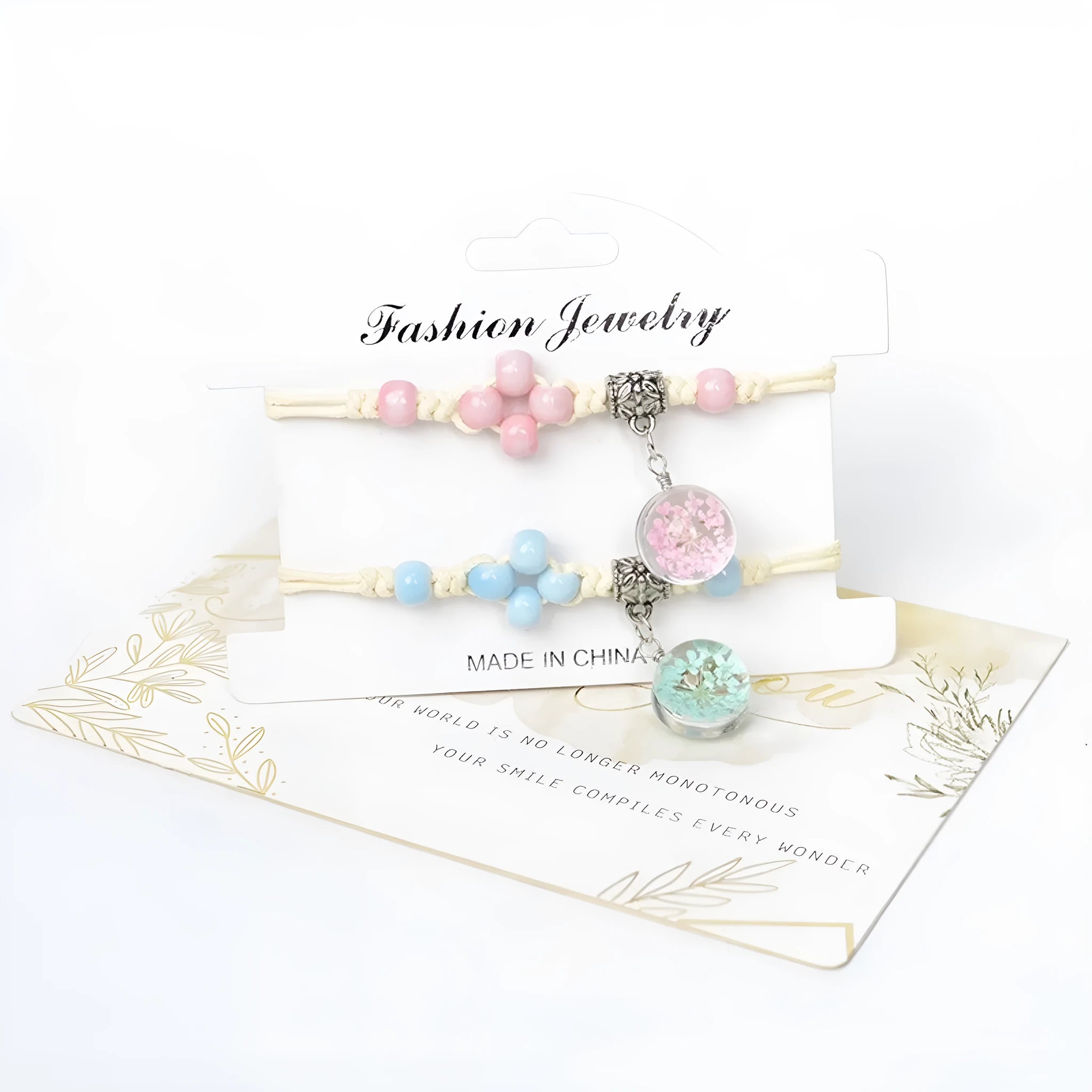 Glass dried flower bracelet with real preserved flowers in colourful beads, hand-woven construction