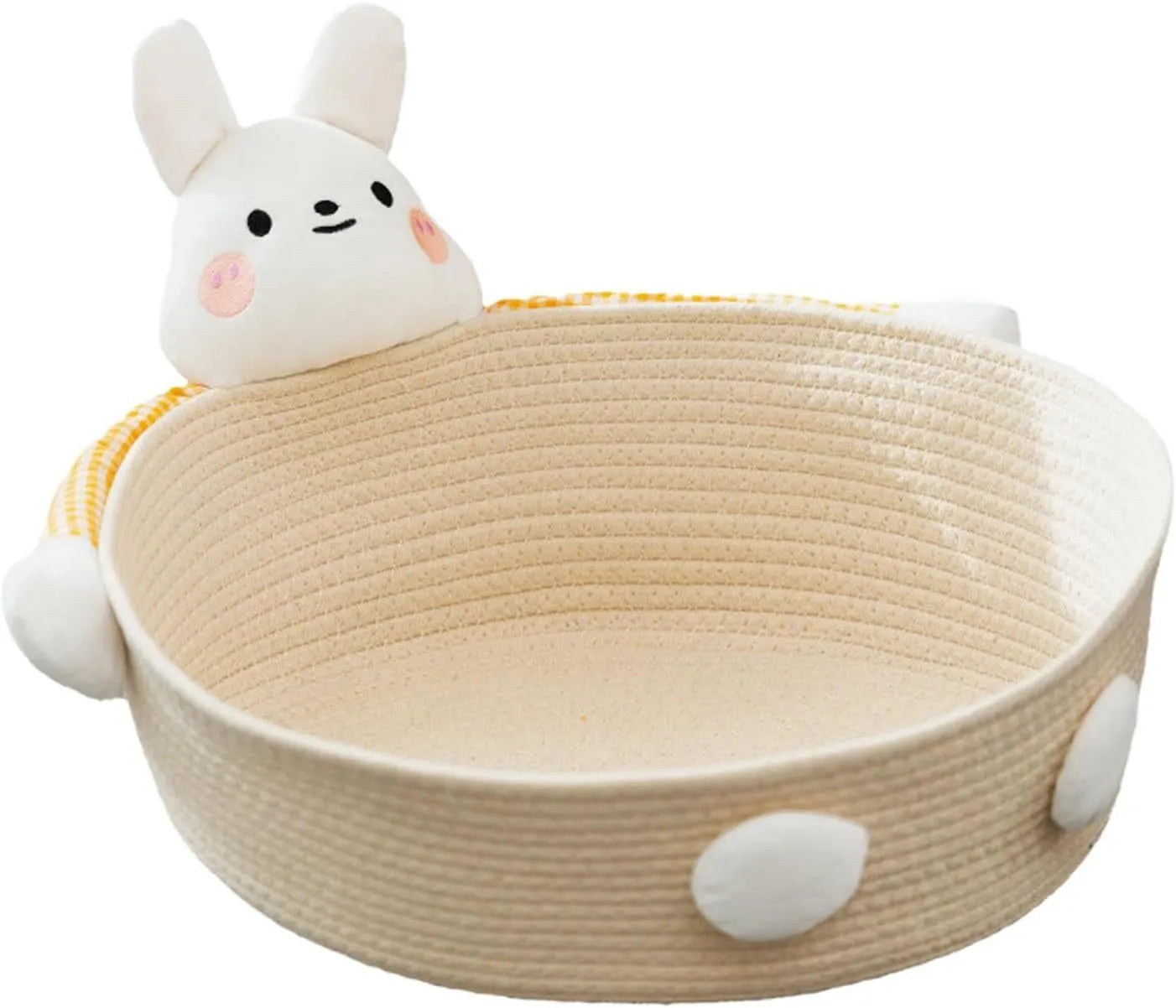 Woven cotton rope cat bed with integrated scratching surface in rabbit motif