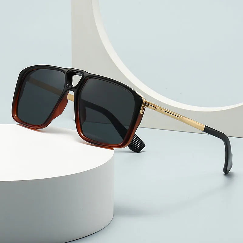 Men's retro double square sunglasses in six colour and style variations on a display.