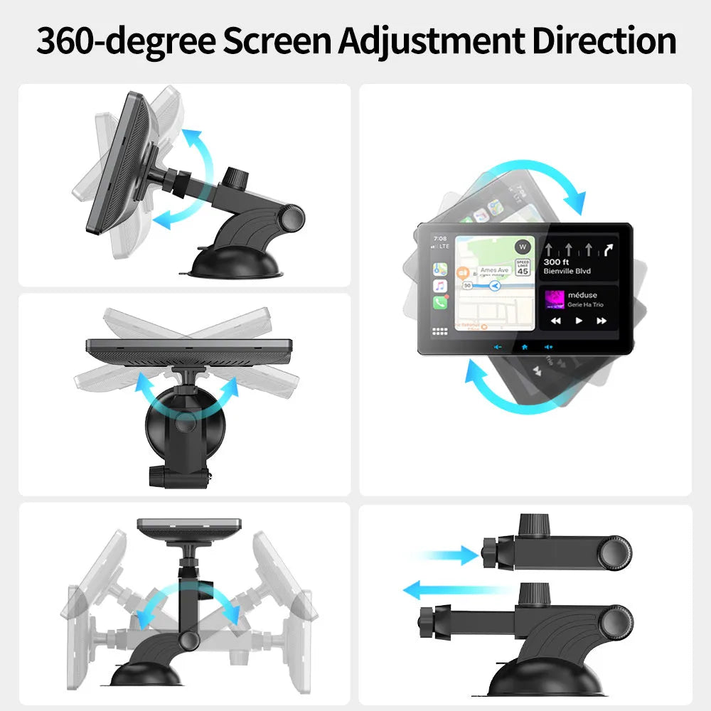 7 inch wireless CarPlay display mounted on a car windscreen with suction cup, showing iPhone apps on screen.