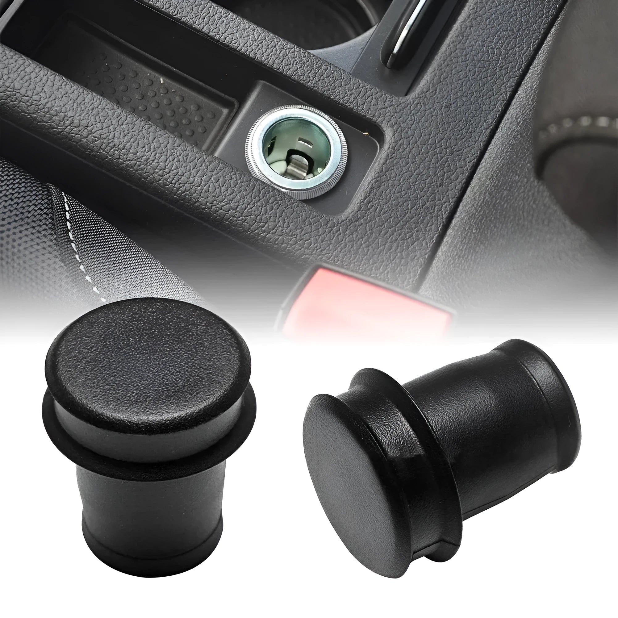 Black PVC car cigarette lighter dust plug showing 33cm length and 2cm diameter
