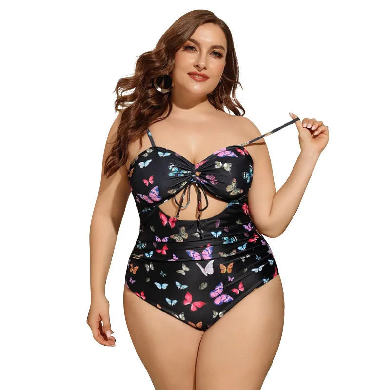 Plus size women's black one piece swimsuit with print pattern, high elasticity polyester fabric, size 2XL