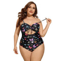 Plus size women's black one piece swimsuit with print pattern, high elasticity polyester fabric, size 2XL