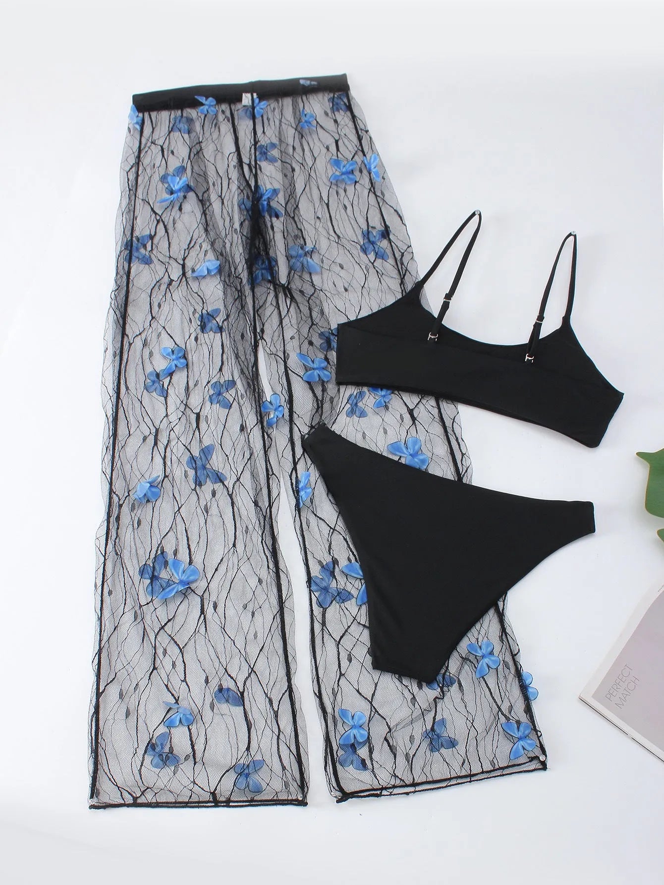 Black women's bikini three-piece set with butterfly print on transparent voile fabric