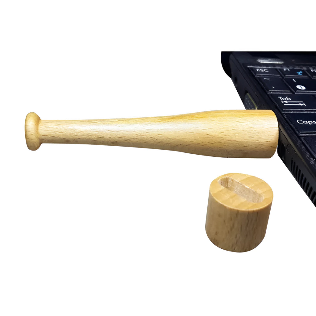 Baseball bat shaped USB flash drive with a natural wood shell on a plain background