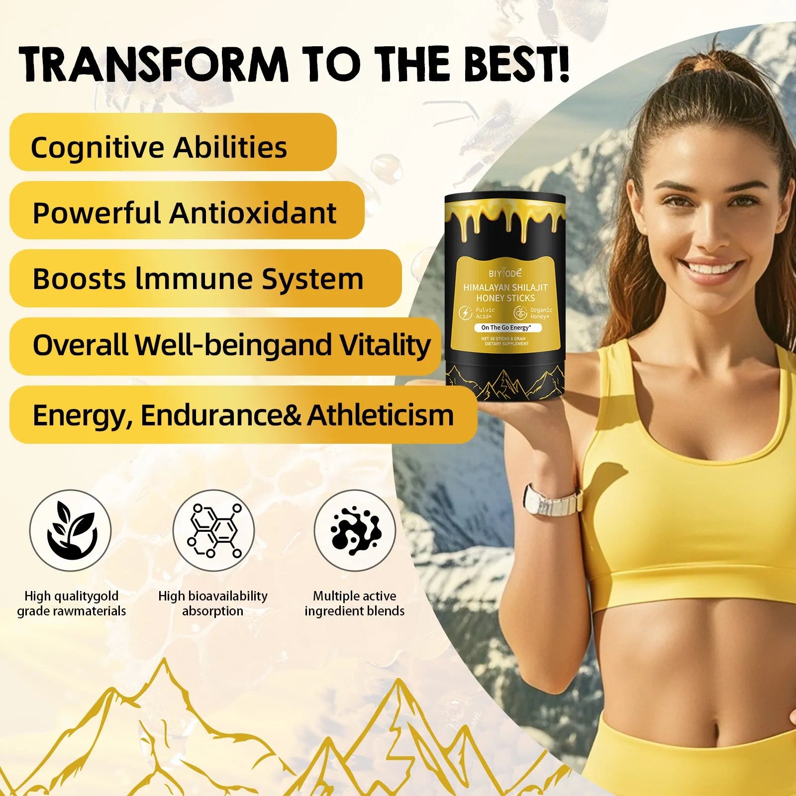 Shilajit honey sticks in bottle with gold colour resin sticks for daily energy supplement