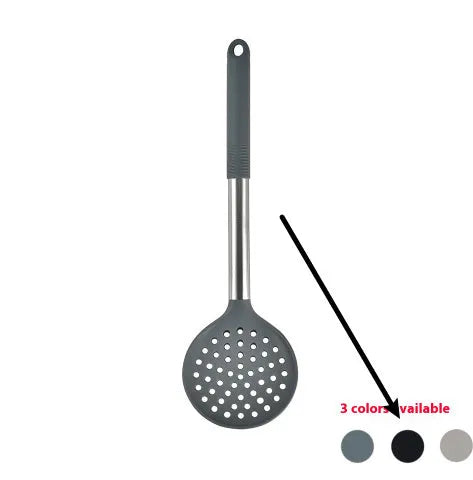 Silicone kitchen utensil set with rotating storage bucket, showing ladel, spatula, and other tools in dark grey.