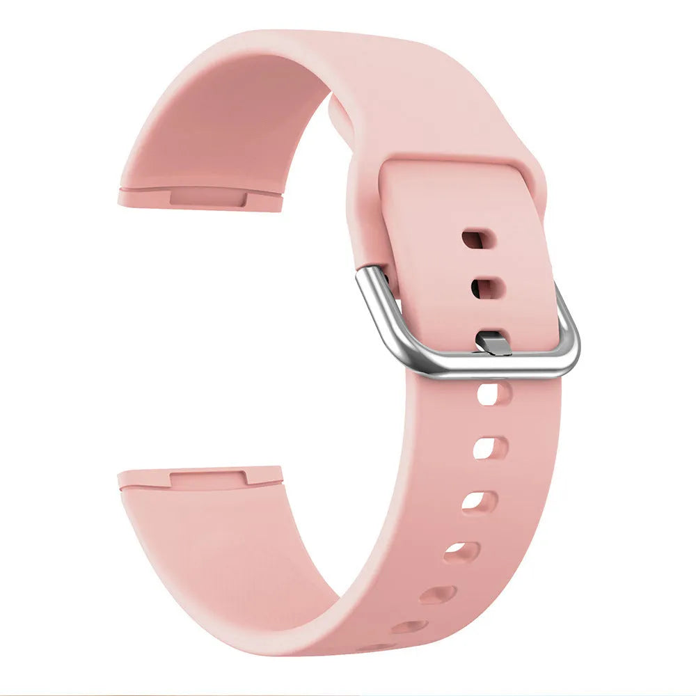 Silicone replacement strap with silver buckle for Fitbit Versa 3 and Sense 2 in multiple colour options.