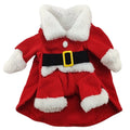 Red polyester Christmas pet costume on a small dog with matching cap