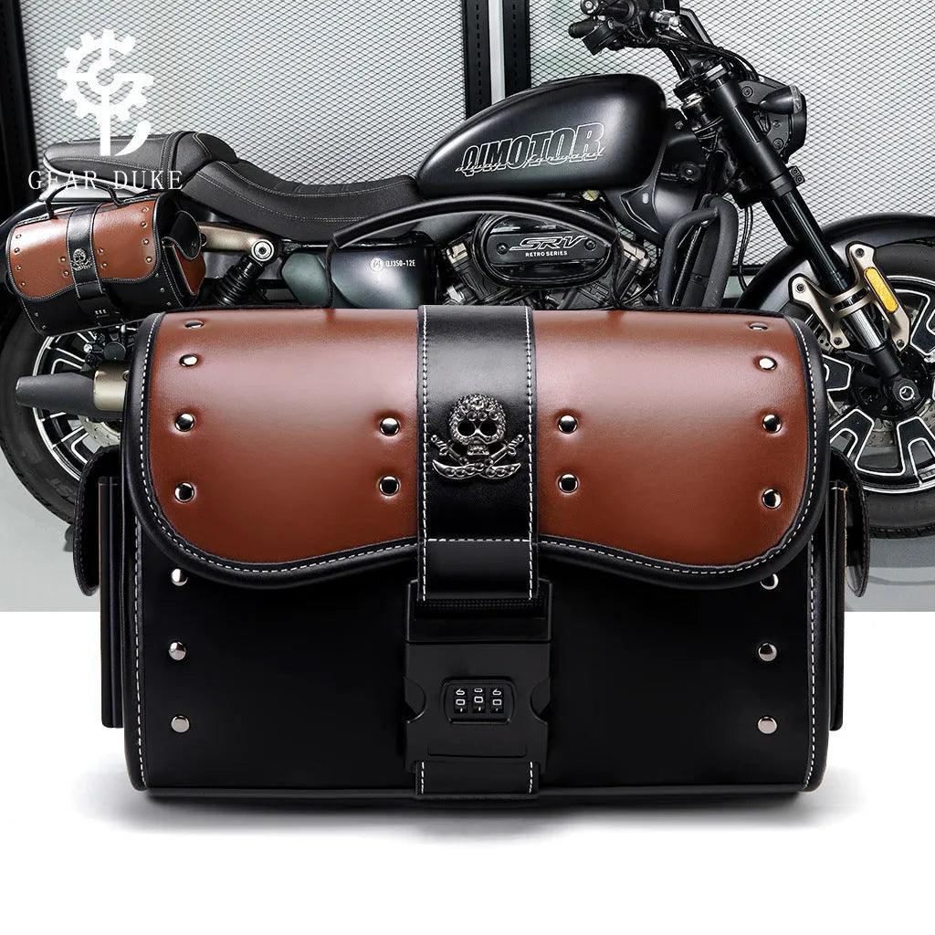 PU leather motorcycle front bag with colour contrast patchwork design mounted on vehicle