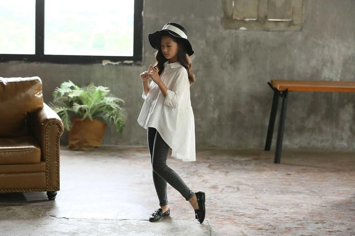 Girls' cotton Korean style top with swallowtail hem in white or yellow, sizes 110-165cm