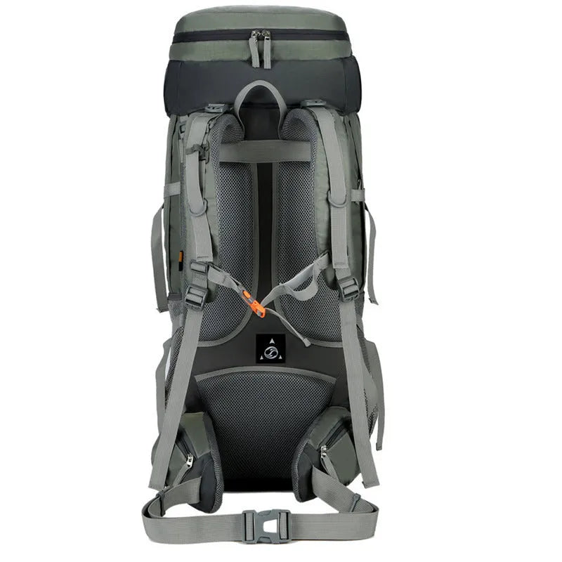 Large capacity 56-75L nylon hiking backpack in green for camping and travel