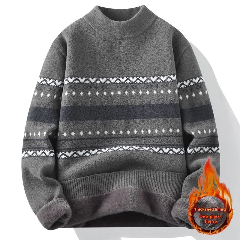 Men's velvet mock neck knitted sweater in dark gray, long sleeves, thickened pullover for autumn winter casual wear